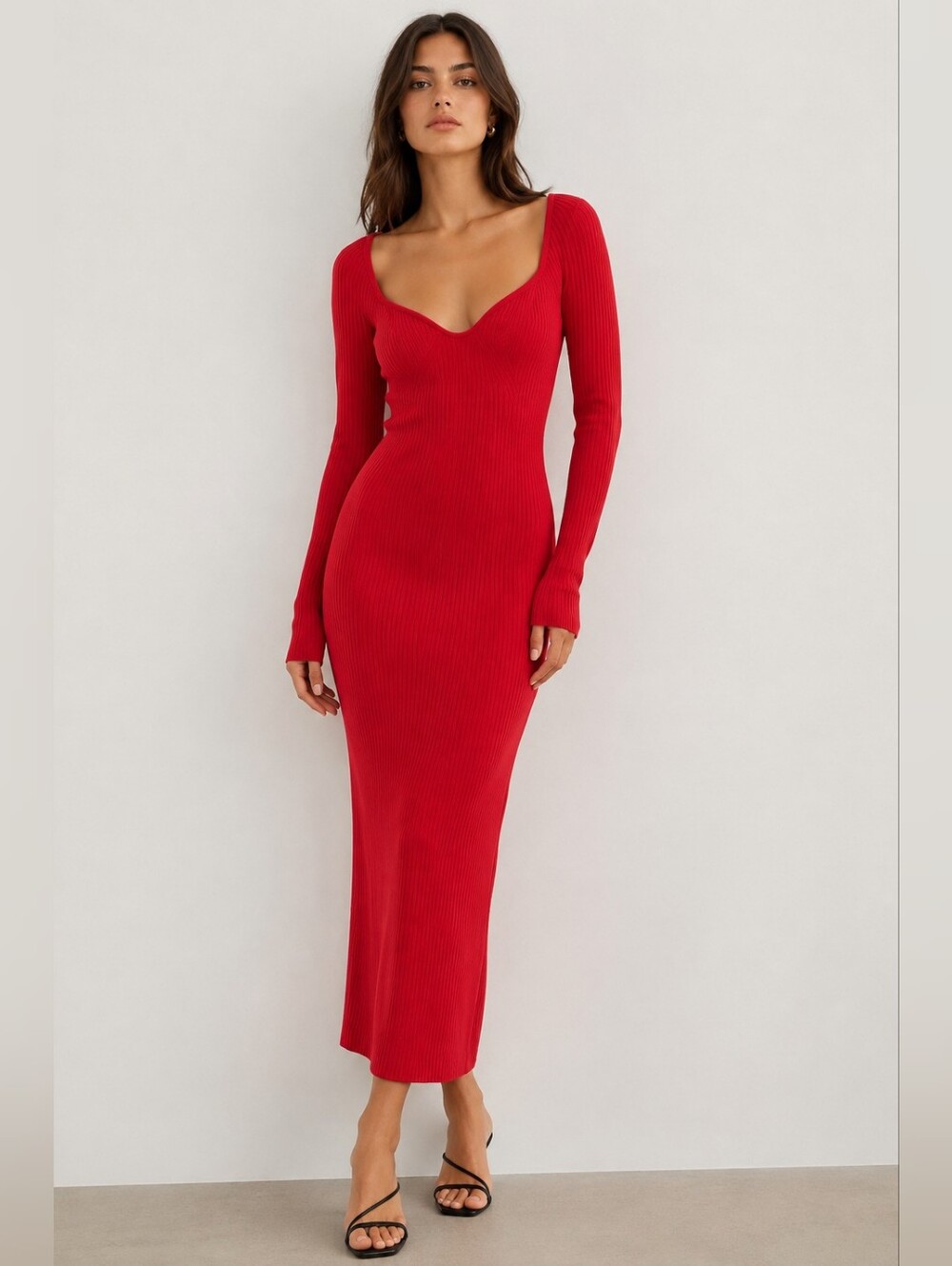 H&M Ribbed Knit Sweetheart Neck Red Midi Dress XL Bodycon Holiday Event